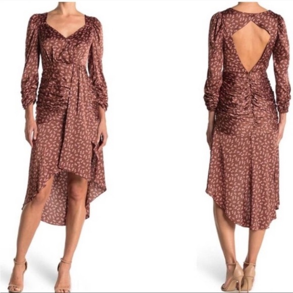 LUSH satin floral ruched Dress Womens Small Midi Asymmetrical Cut Out Back Brown - Picture 1 of 13